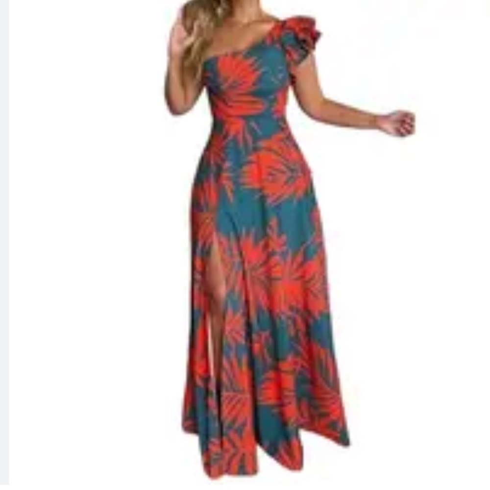 One Shoulder Ruffle Strap Long Leg Slit Tropical‎ Print Maxi. NWT Size M